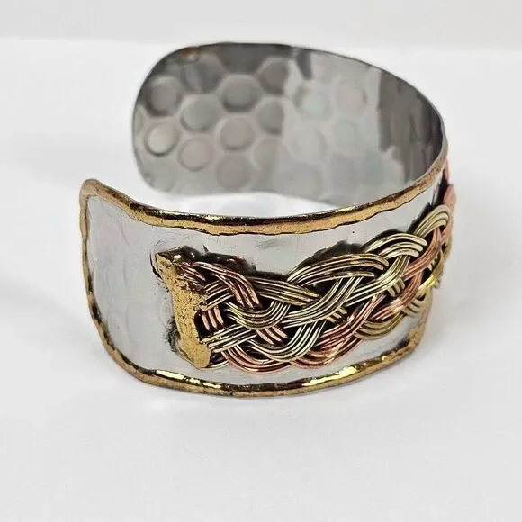 Tricolor Gold Silver Copper Plated Metal Cuff Bracelet Honeycomb‎ Braided Wide - Picture 2 of 10